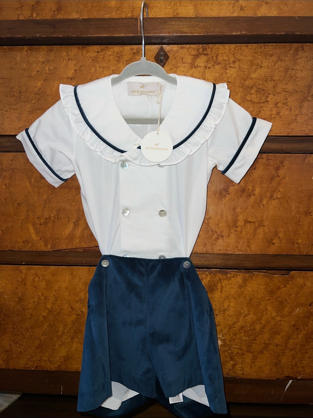 Sal & Pimenta White Blouse with Navy Velvet Trim + Matching Shorts